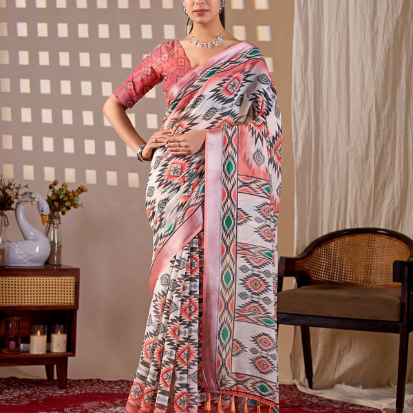 Aastha Fashion Multi Soft Linen Cotton Printed Saree - Distacart