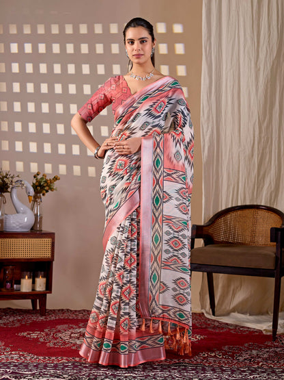 Aastha Fashion Multi Soft Linen Cotton Printed Saree - Distacart