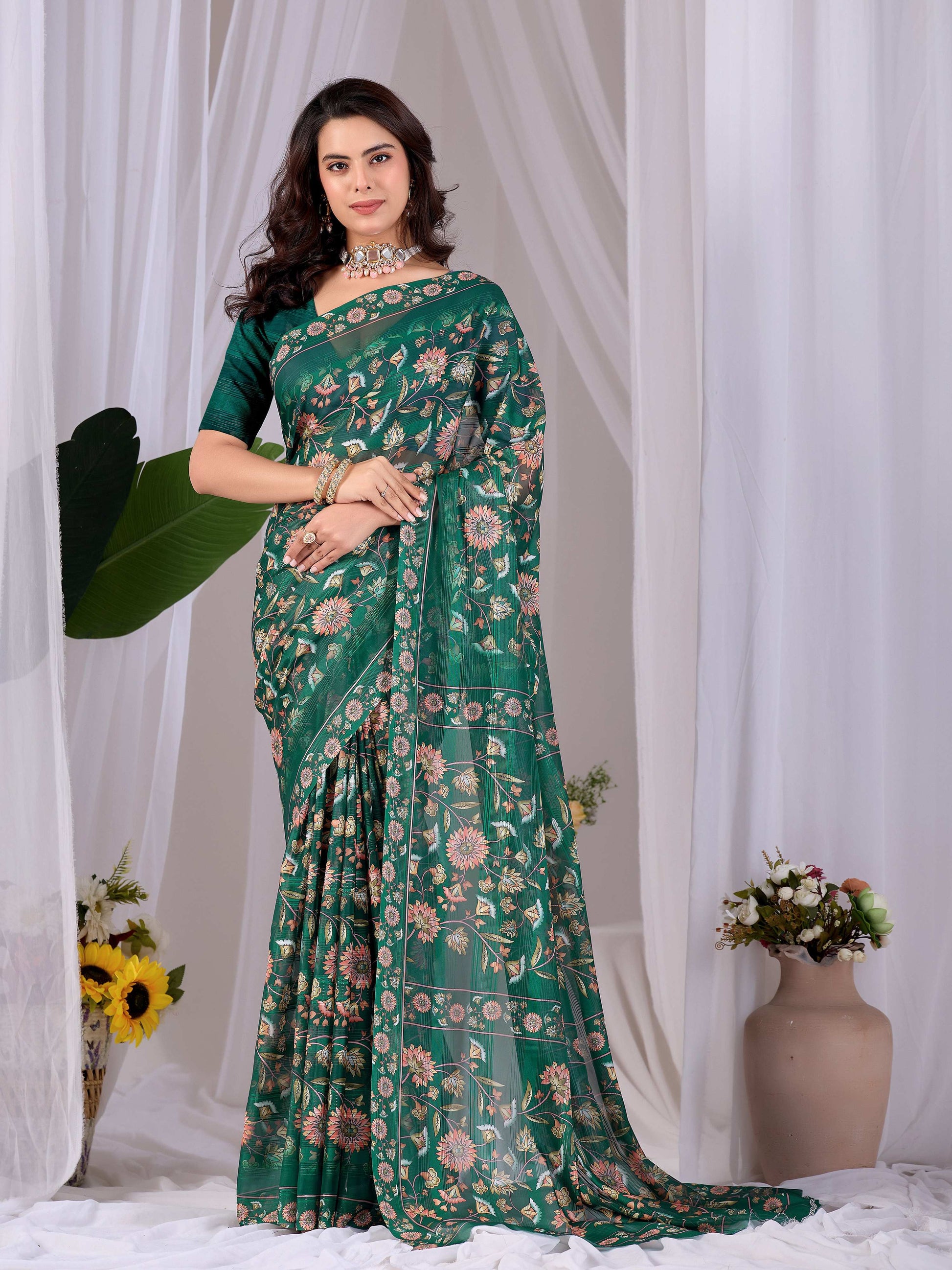 Aastha Fashion Green Monsoon Printed Saree - Distacart