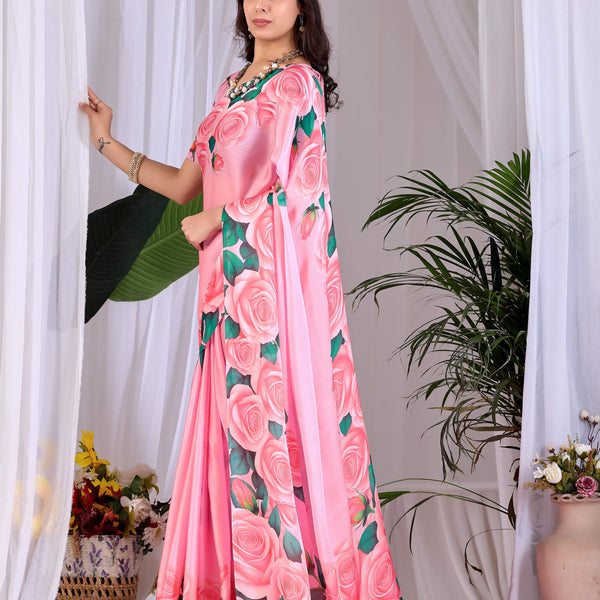 Aastha Fashion Pink Soft Satin Floral Digital Print Saree - Distacart