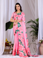 Thumbnail for Aastha Fashion Pink Soft Satin Floral Digital Print Saree - Distacart