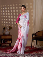 Thumbnail for Aastha Fashion White Soft Satin Floral Digital Print Saree - Distacart