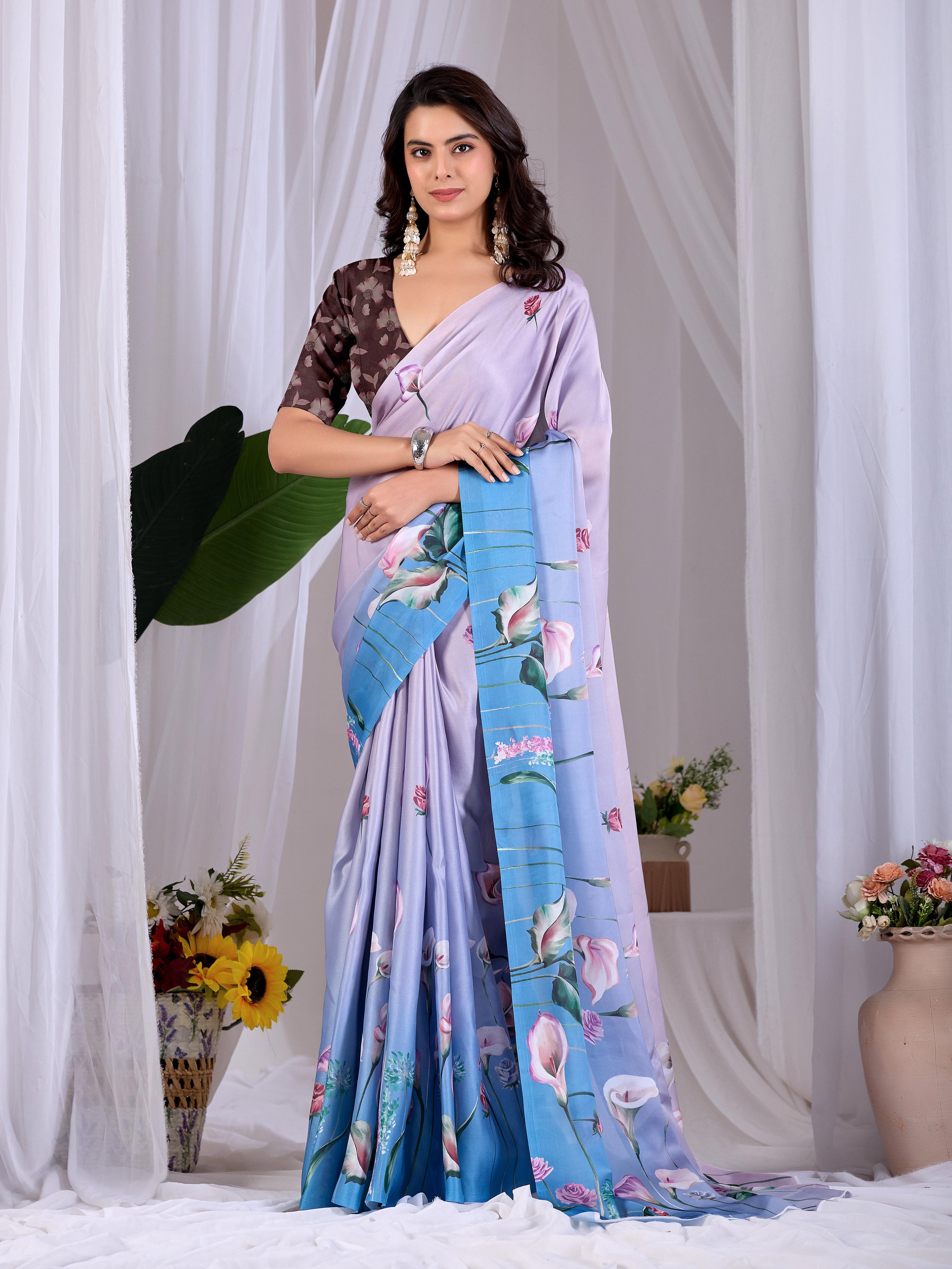 Aastha Fashion Lavender Soft Satin Floral Digital Print Saree - Distacart