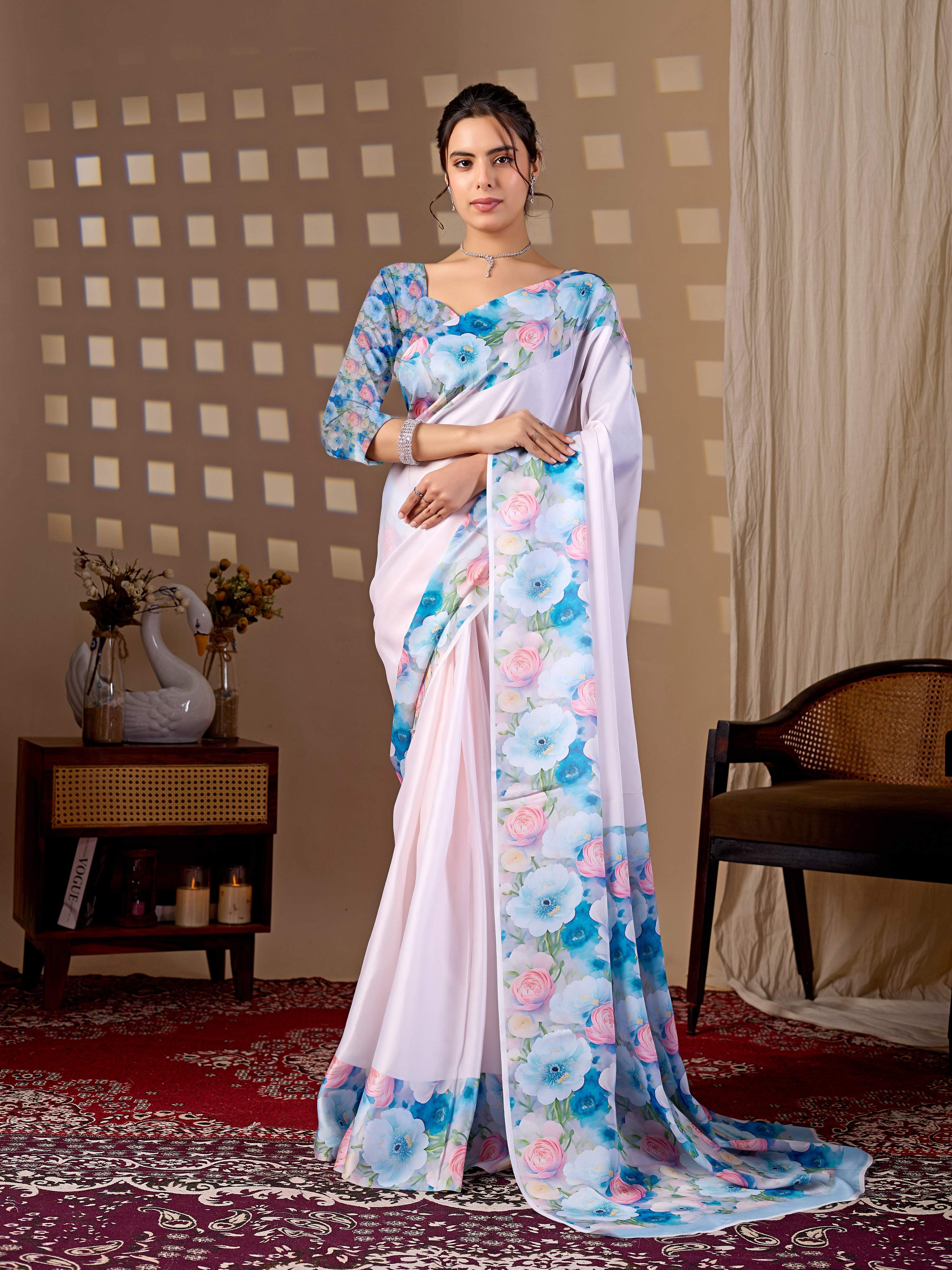 Aastha Fashion Light Pink Soft Satin Floral Digital Print Saree - Distacart