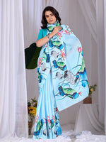 Thumbnail for Aastha Fashion See Green Soft Satin Floral Digital Print Saree - Distacart