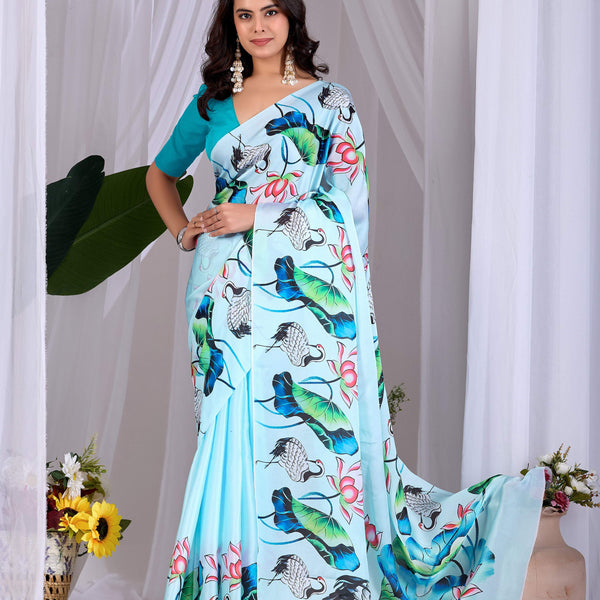 Aastha Fashion See Green Soft Satin Floral Digital Print Saree - Distacart