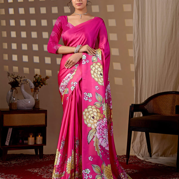 Aastha Fashion Magenta Soft Satin Floral Digital Print Saree - Distacart