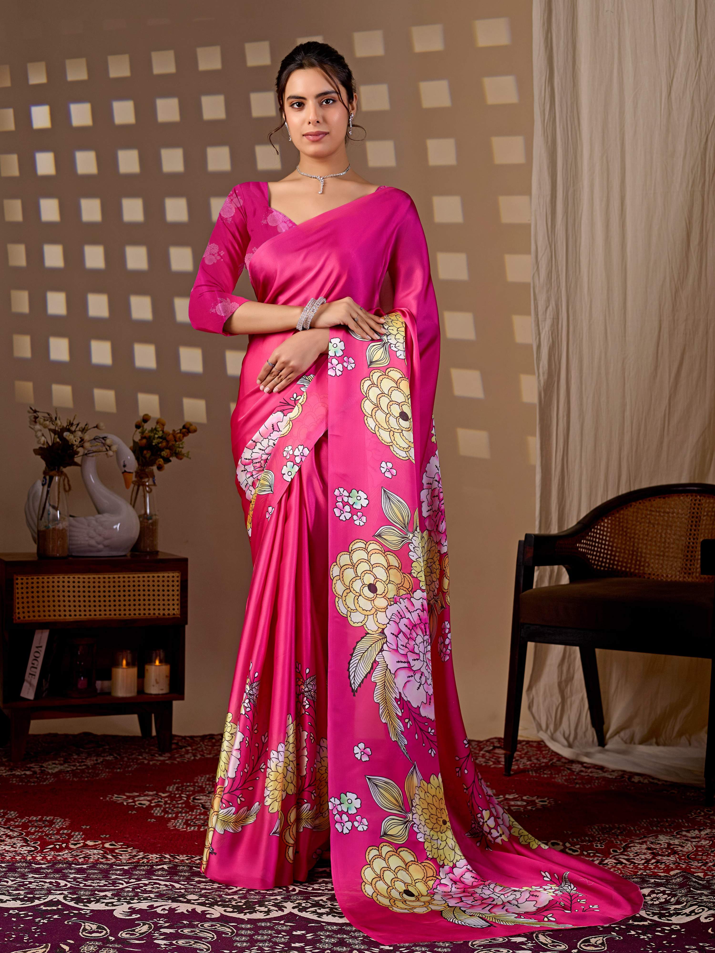 Aastha Fashion Magenta Soft Satin Floral Digital Print Saree - Distacart