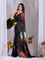 Thumbnail for Aastha Fashion Black Soft Satin Georgette Printed Saree - Distacart