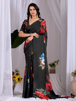 Thumbnail for Aastha Fashion Black Soft Satin Georgette Printed Saree - Distacart