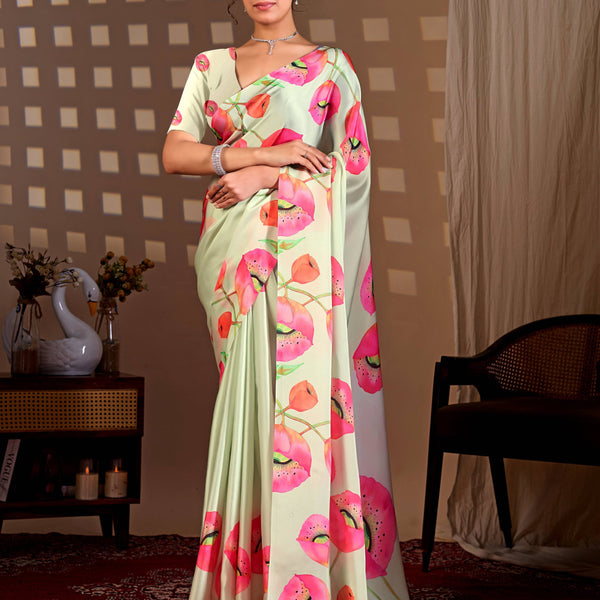 Aastha Fashion Pista Soft Satin Georgette Printed Saree - Distacart