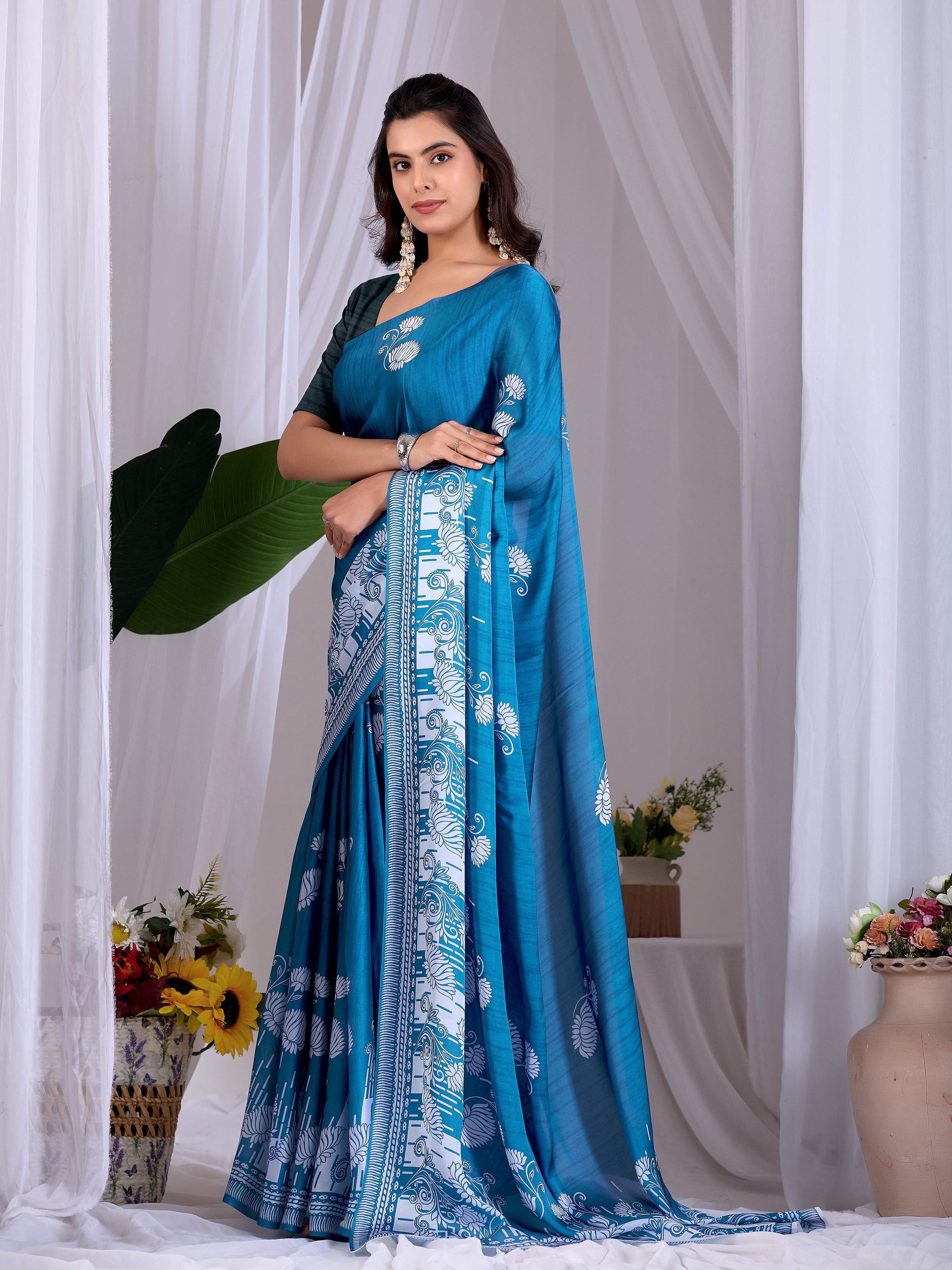 Aastha Fashion Teal Blue Soft Satin Georgette Printed Saree - Distacart