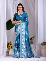 Thumbnail for Aastha Fashion Teal Blue Soft Satin Georgette Printed Saree - Distacart