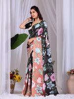 Thumbnail for Aastha Fashion Black Soft Satin Georgette Printed Saree - Distacart
