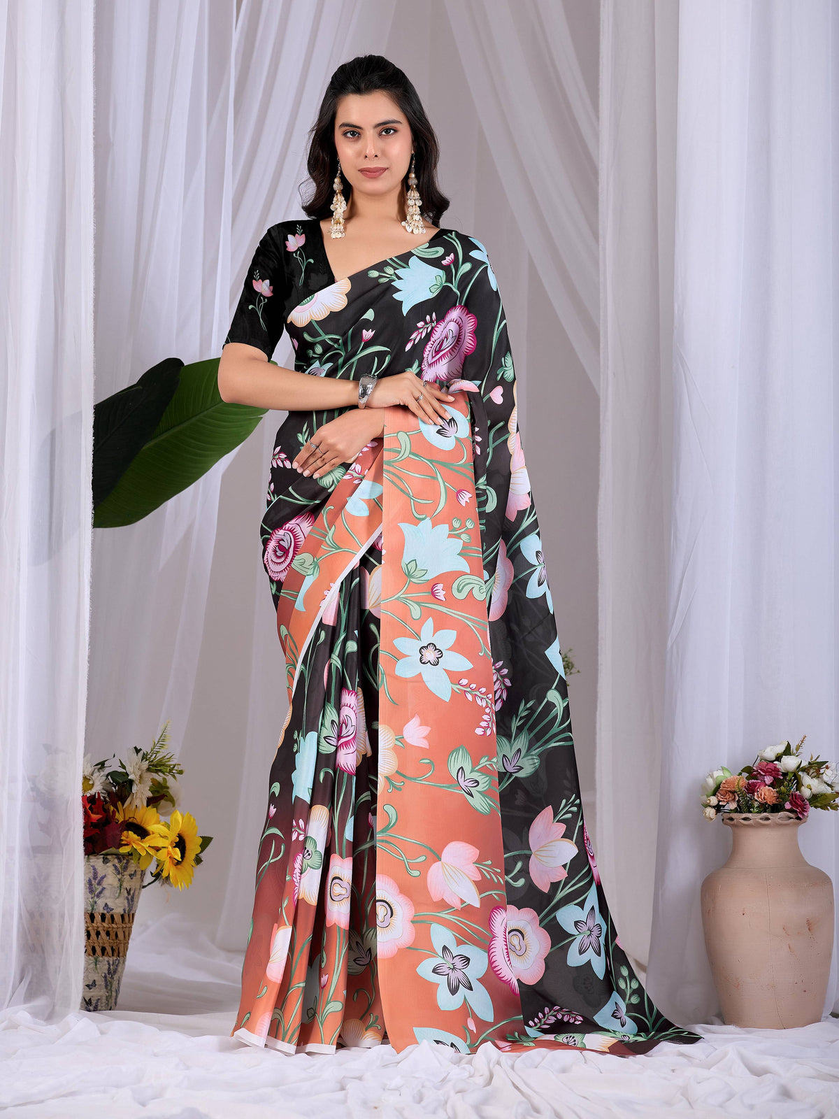 Aastha Fashion Black Soft Satin Georgette Printed Saree - Distacart