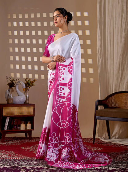 Aastha Fashion White Soft Satin Georgette Printed Saree - Distacart