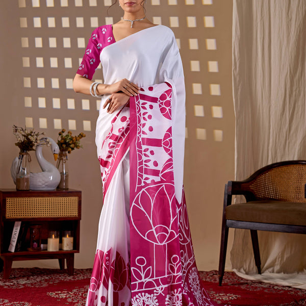 Aastha Fashion White Soft Satin Georgette Printed Saree - Distacart
