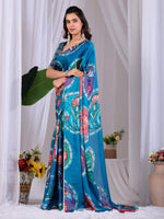 Thumbnail for Aastha Fashion Teal Soft Satin Georgette Printed Saree - Distacart