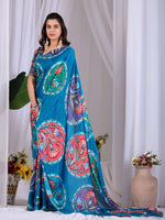 Thumbnail for Aastha Fashion Teal Soft Satin Georgette Printed Saree - Distacart