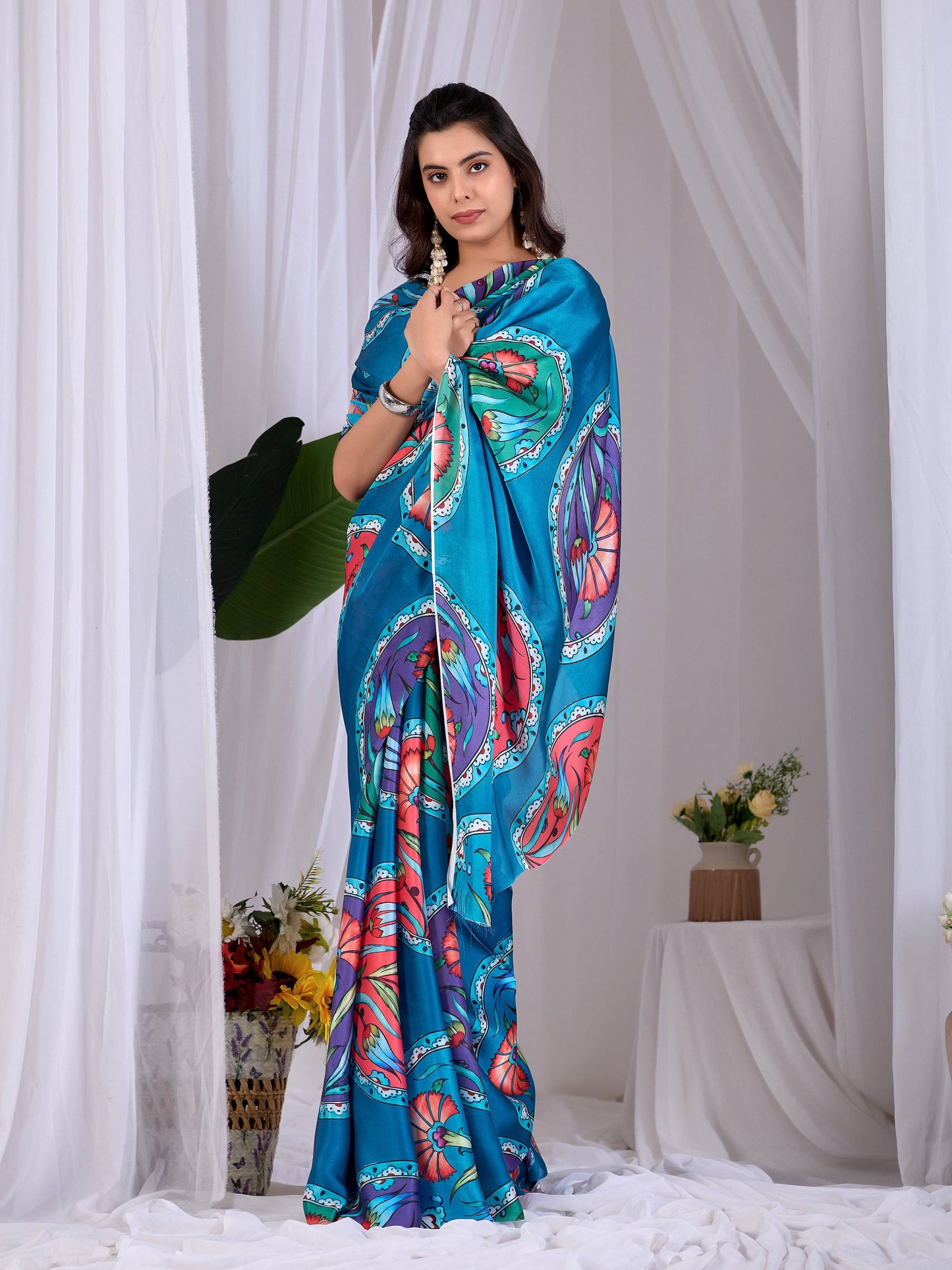 Aastha Fashion Teal Soft Satin Georgette Printed Saree - Distacart