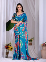 Thumbnail for Aastha Fashion Teal Soft Satin Georgette Printed Saree - Distacart