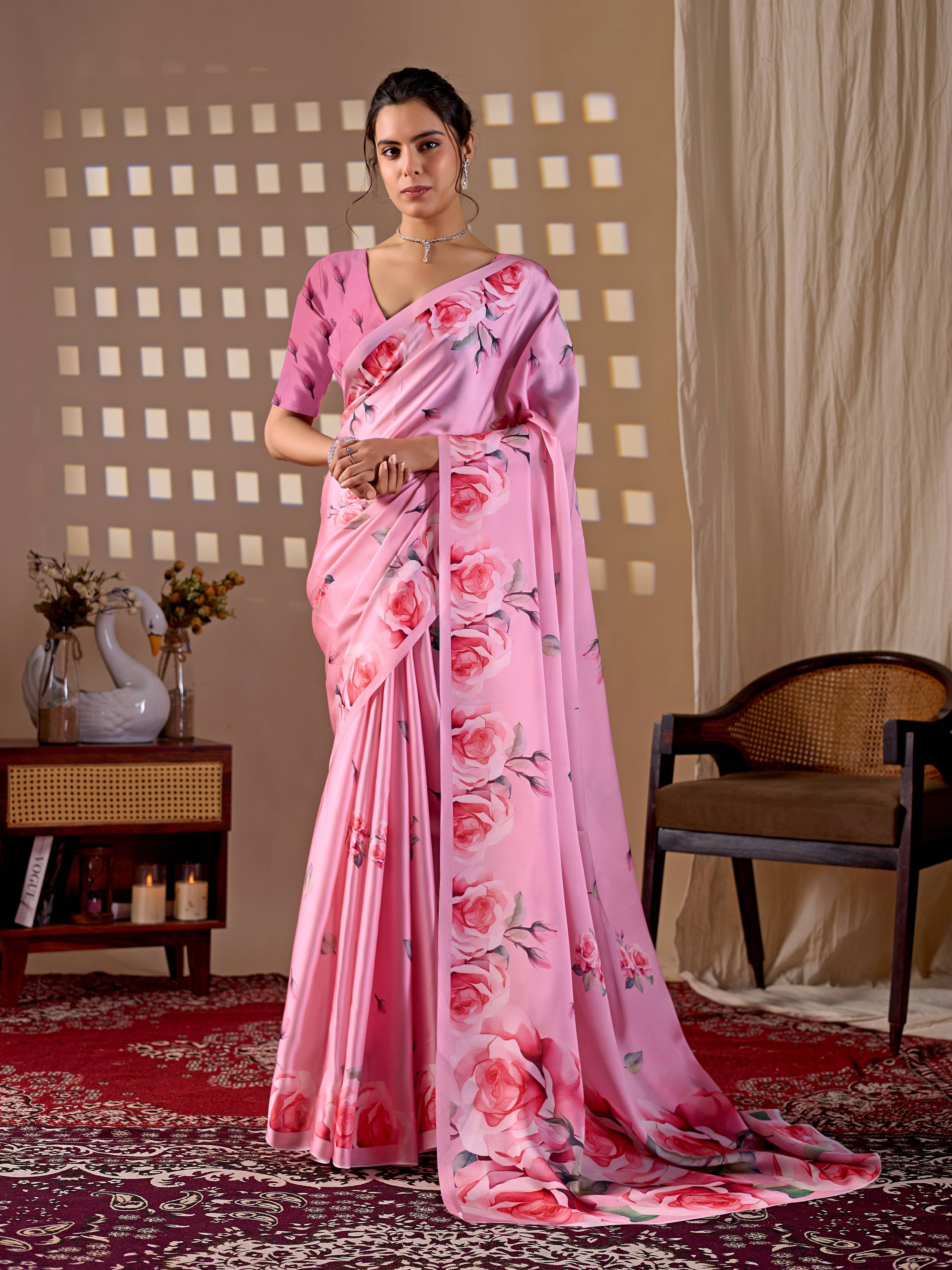 Aastha Fashion Pink Soft Satin Georgette Printed Saree - Distacart