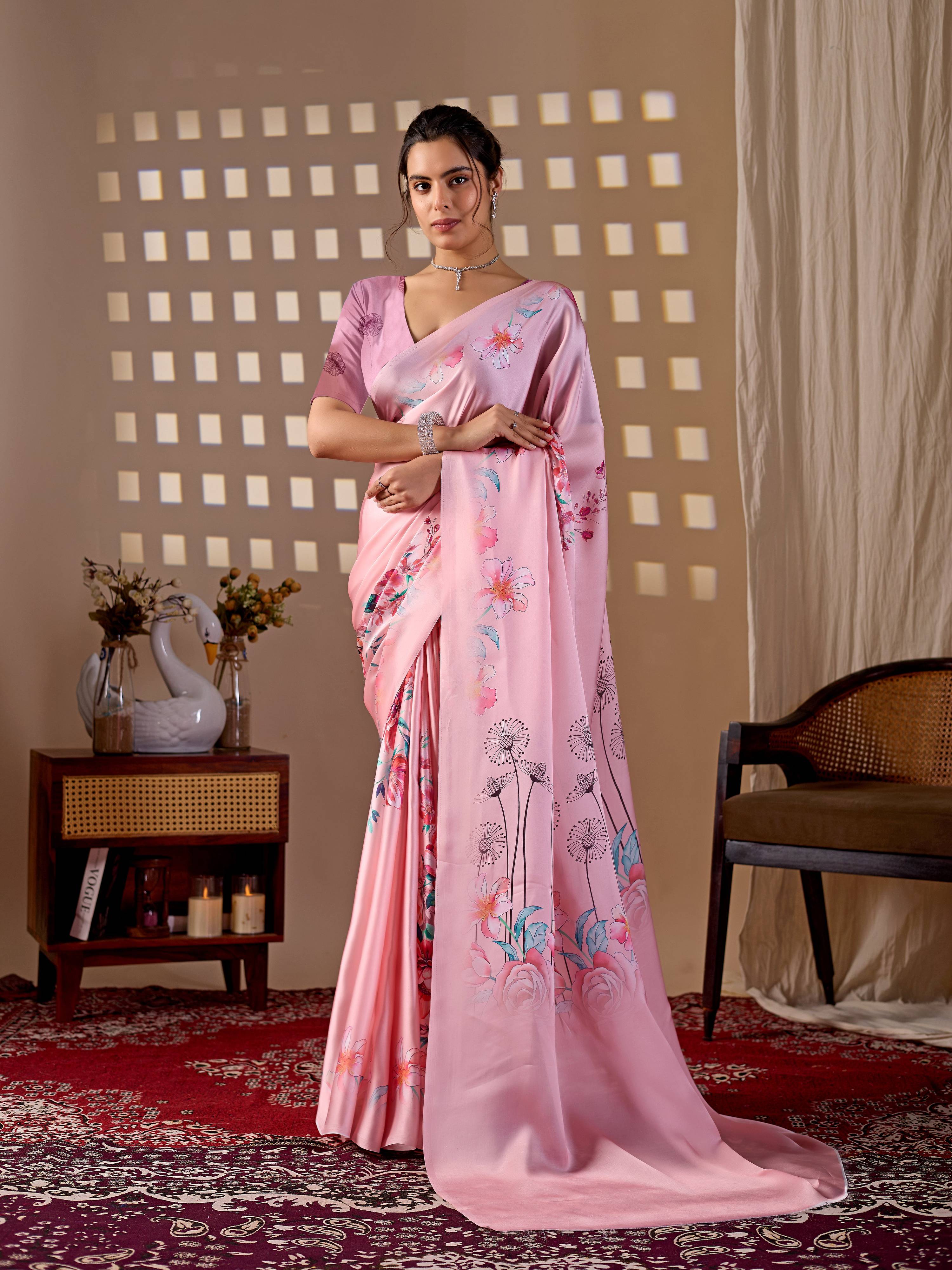 Aastha Fashion Pink Soft Satin Georgette Printed Saree - Distacart