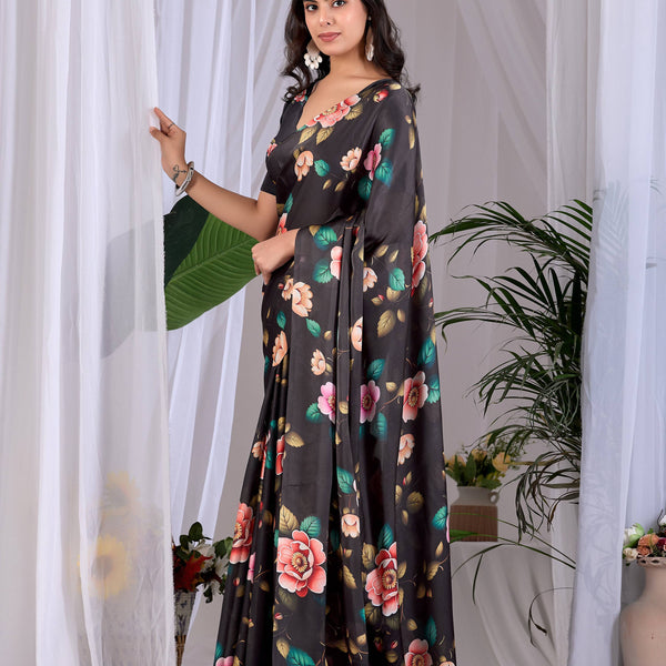 Aastha Fashion Black Soft Satin Georgette Printed Saree - Distacart