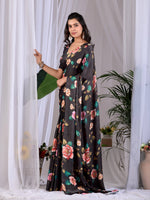 Thumbnail for Aastha Fashion Black Soft Satin Georgette Printed Saree - Distacart