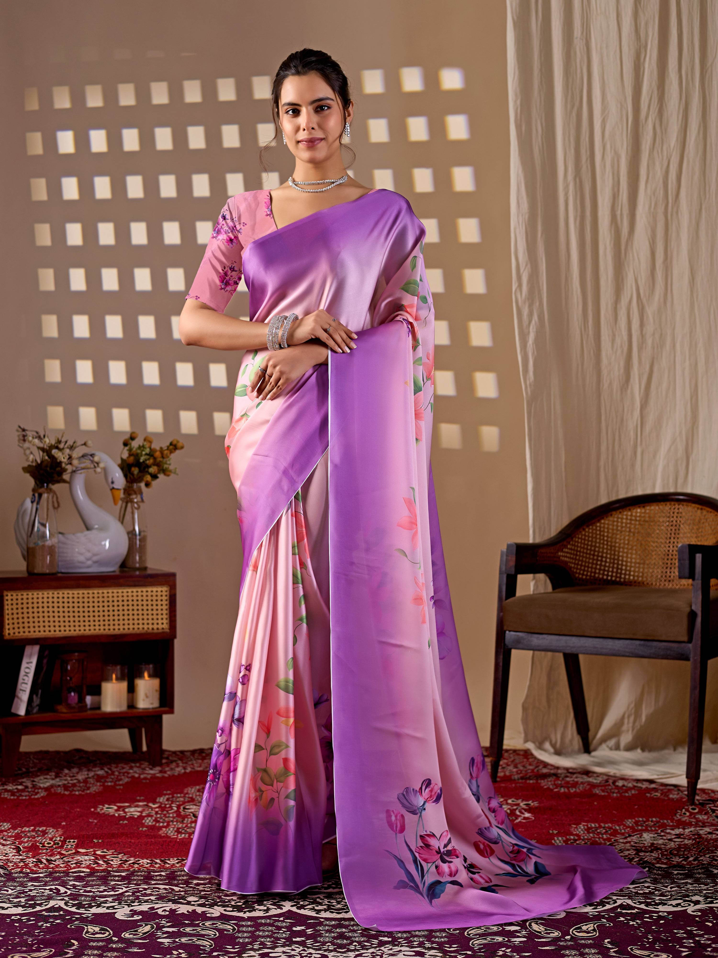 Aastha Fashion Purple Soft Satin Georgette Printed Saree - Distacart