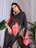 Thumbnail for Aastha Fashion Black Soft Satin Georgette Printed Saree - Distacart
