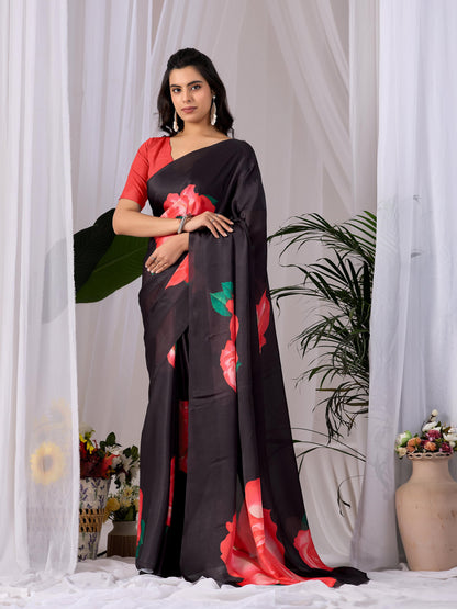 Aastha Fashion Black Soft Satin Georgette Printed Saree - Distacart