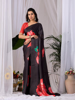 Thumbnail for Aastha Fashion Black Soft Satin Georgette Printed Saree - Distacart