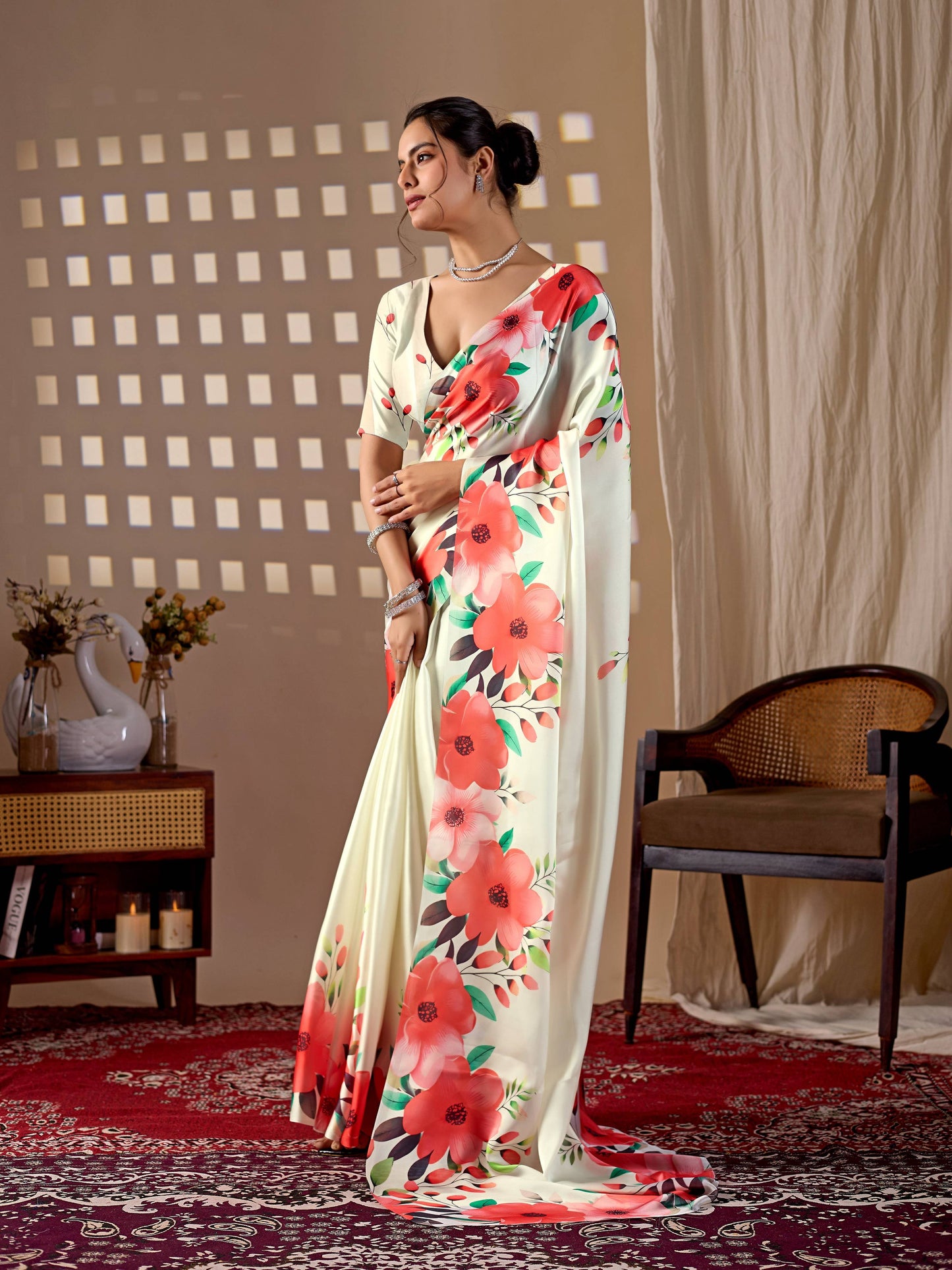 Aastha Fashion Cream Soft Satin Georgette Printed Saree - Distacart