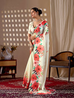 Thumbnail for Aastha Fashion Cream Soft Satin Georgette Printed Saree - Distacart