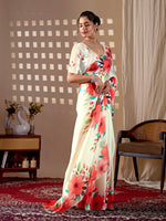 Thumbnail for Aastha Fashion Cream Soft Satin Georgette Printed Saree - Distacart