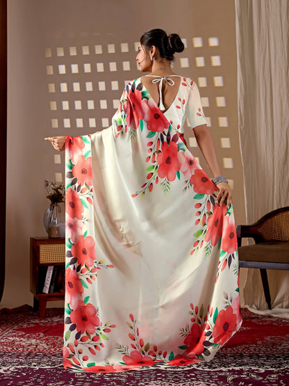 Aastha Fashion Cream Soft Satin Georgette Printed Saree - Distacart