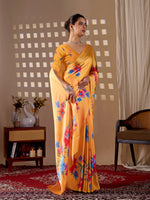 Thumbnail for Aastha Fashion Yellow Soft Satin Georgette Printed Saree - Distacart