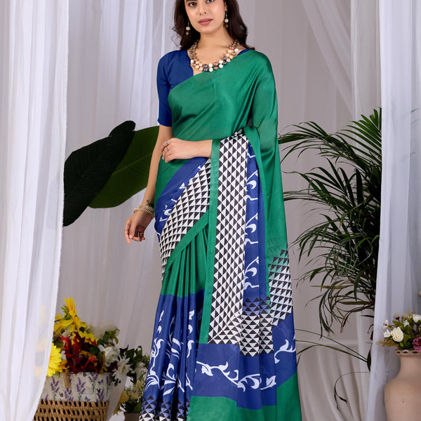 Aastha Fashion Green Soft Satin Georgette Printed Saree - Distacart