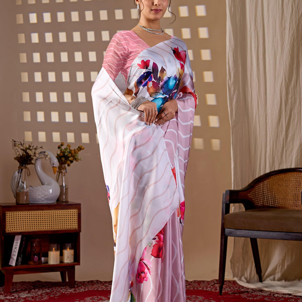 Aastha Fashion Peach Soft Satin Georgette Printed Saree - Distacart