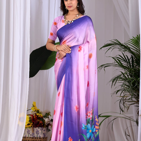 Aastha Fashion Pink Soft Satin Georgette Printed Saree - Distacart