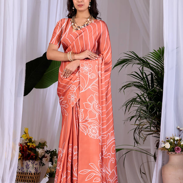 Aastha Fashion Rust Soft Satin Georgette Printed Saree - Distacart