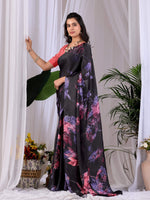 Thumbnail for Aastha Fashion Black Soft Satin Georgette Printed Saree - Distacart