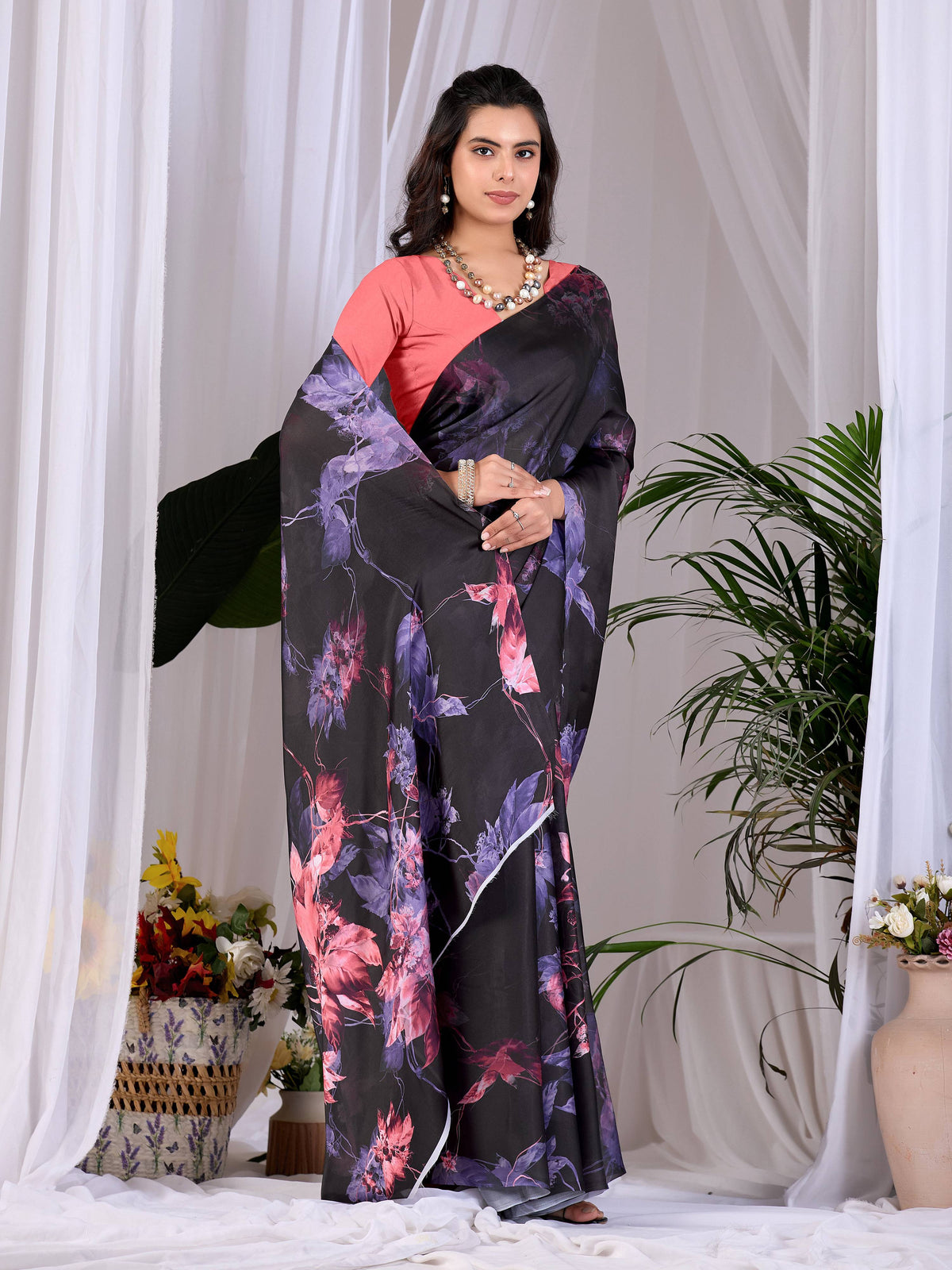 Aastha Fashion Black Soft Satin Georgette Printed Saree - Distacart