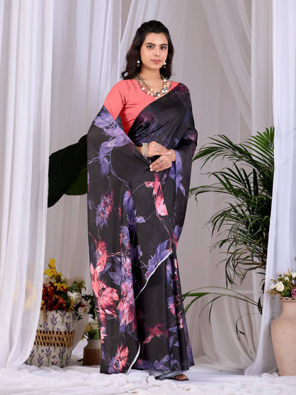 Aastha Fashion Black Soft Satin Georgette Printed Saree - Distacart