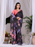 Thumbnail for Aastha Fashion Black Soft Satin Georgette Printed Saree - Distacart