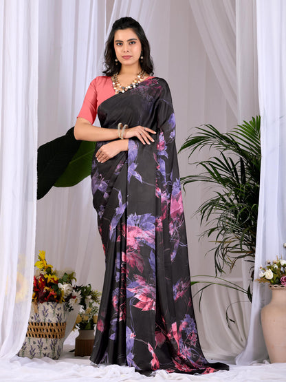 Aastha Fashion Black Soft Satin Georgette Printed Saree - Distacart