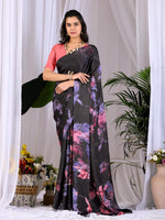 Thumbnail for Aastha Fashion Black Soft Satin Georgette Printed Saree - Distacart