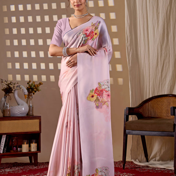 Aastha Fashion Light Pink Soft Satin Georgette Printed Saree - Distacart