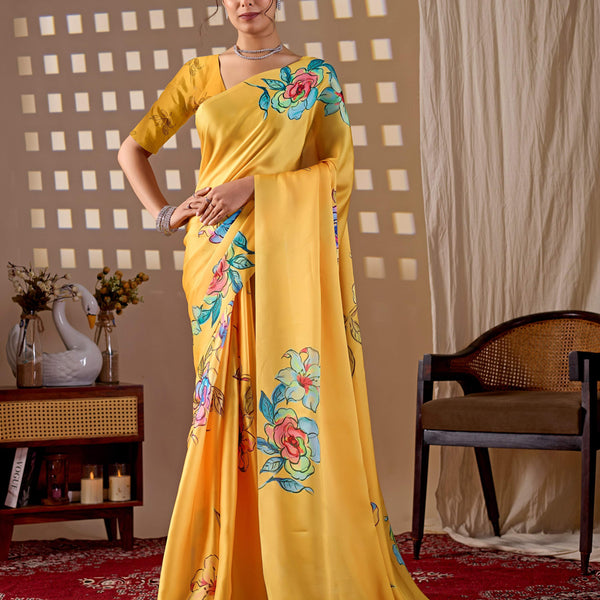 Aastha Fashion Yellow Soft Satin Georgette Printed Saree - Distacart